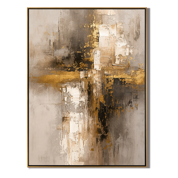 "Gilded Skyline" – Gold Gray Industrial Textured Abstract Painting