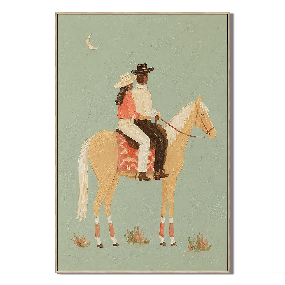 "Crescent Serenade" – Romantic Western Couple Impasto Oil Painting