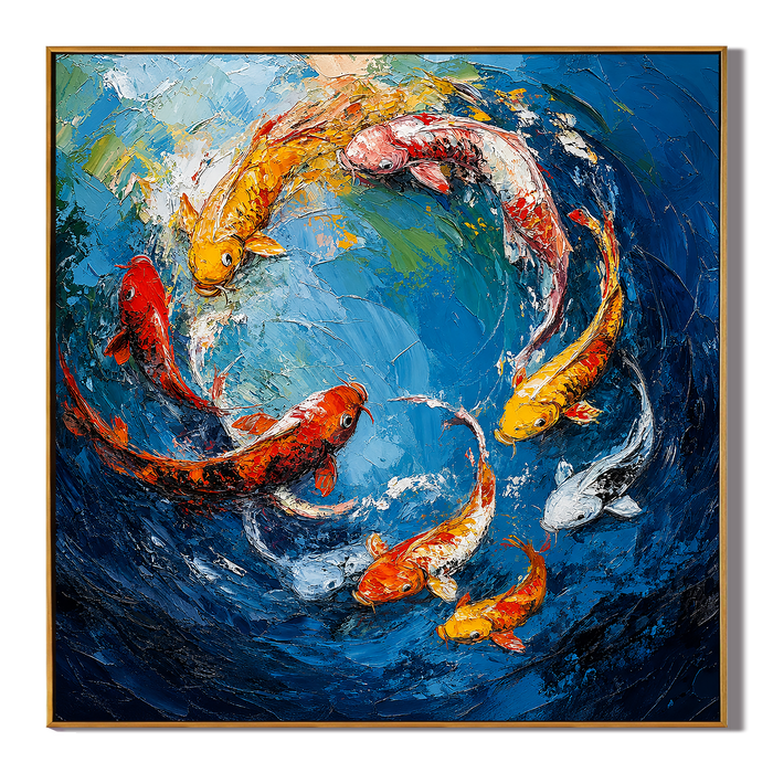 "Prosperity Current" – Colorful Koi Fish Textured Oil Painting