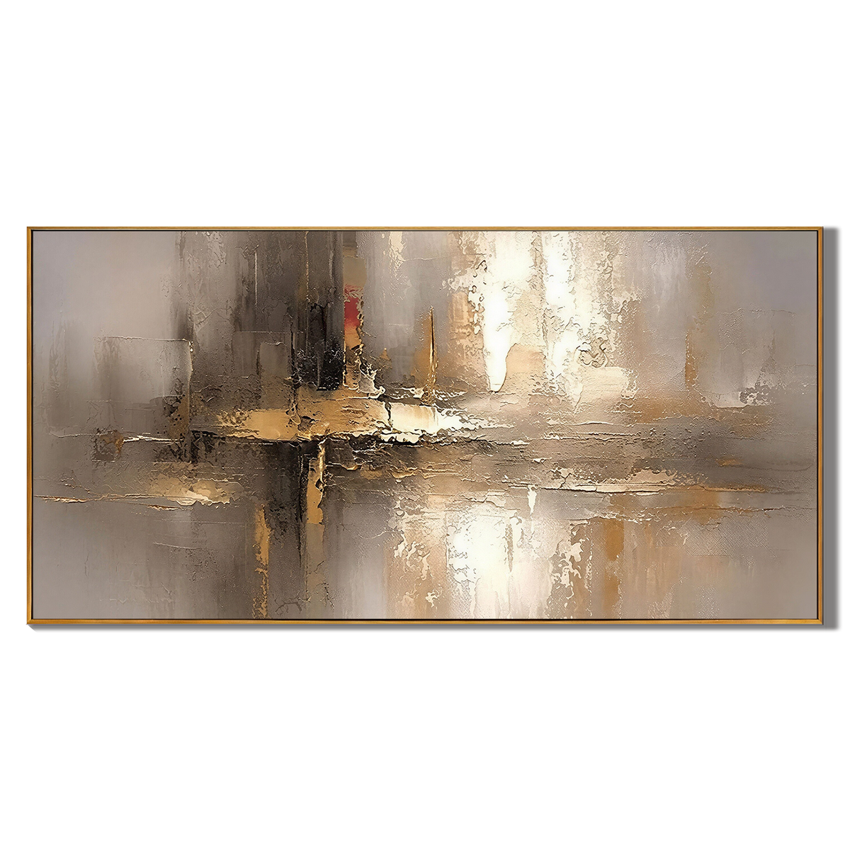 “Golden Silence” – Modern Taupe Gold Abstract Panoramic Hand-Painted Canvas Art
