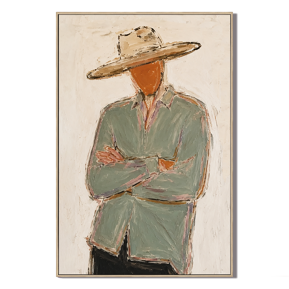 "Silent Stance" – Minimalist Western Figure Sage Green Impasto Oil Painting