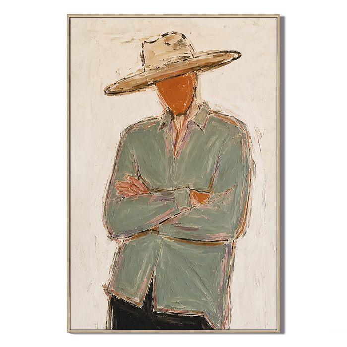 "Silent Stance" – Minimalist Western Figure Sage Green Impasto Oil Painting