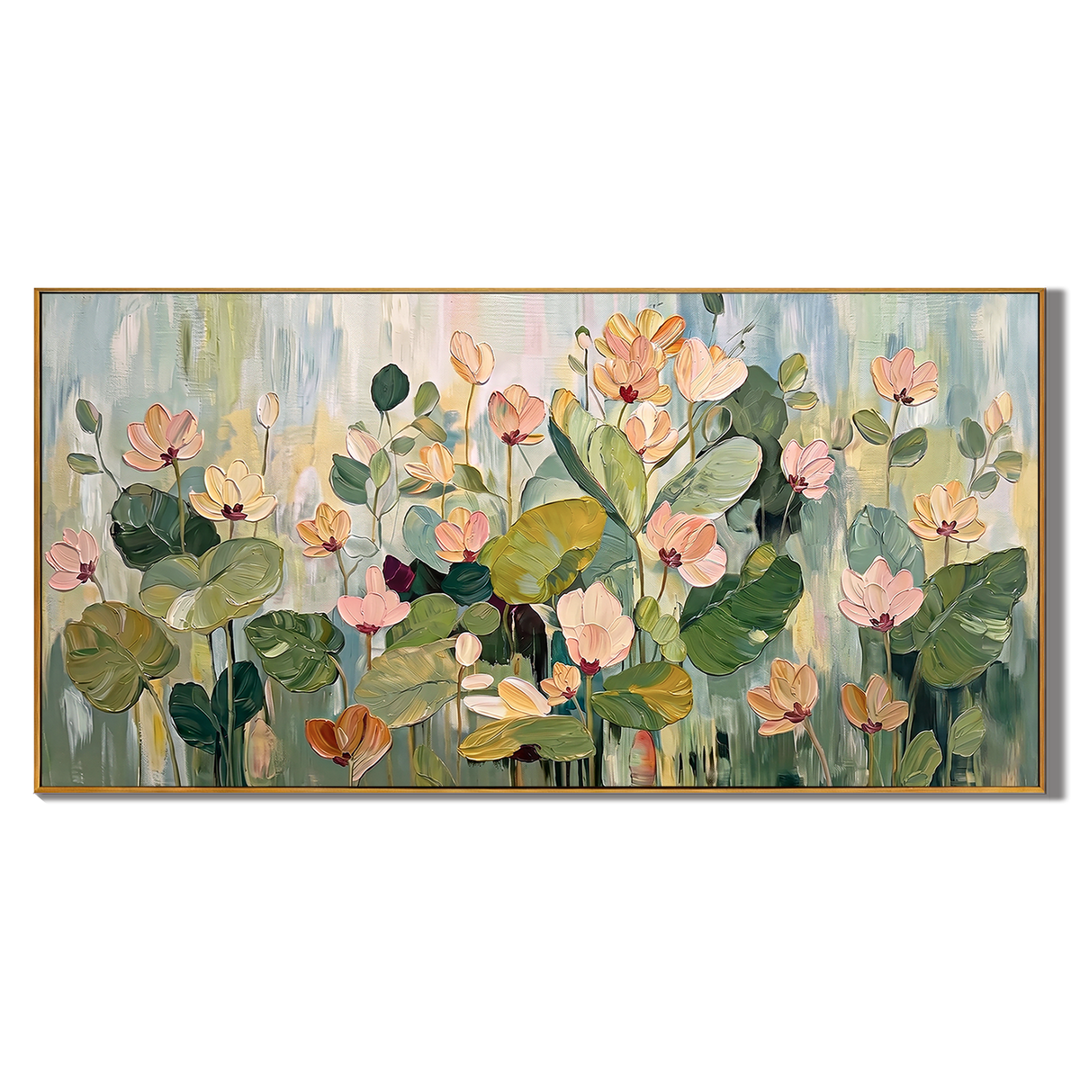 “Garden in the Morning Mist” – Soft Green Floral Panoramic Hand-Painted Canvas Art