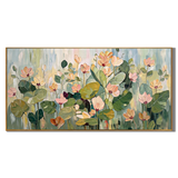 “Garden in the Morning Mist” – Soft Green Floral Panoramic Hand-Painted Canvas Art