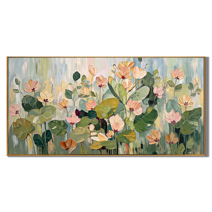 “Garden in the Morning Mist” – Soft Green Floral Panoramic Hand-Painted Canvas Art