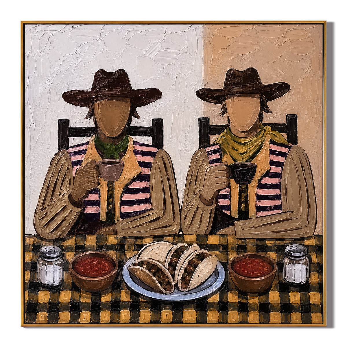 "Taco Companions" – Vintage Western Dining Textured Oil Painting