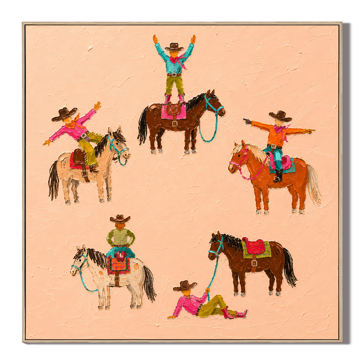 "Rodeo Reverie" – Whimsical Western Pop Impasto Peach Cowboy Oil Painting