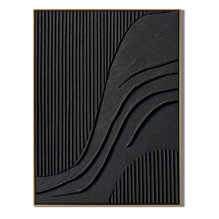 "Noir Rhythm" – Black Geometric Textured Abstract Painting