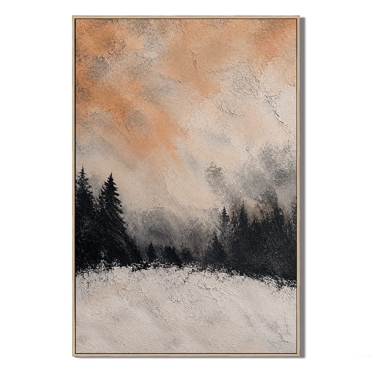 "Amber Solitude" – Textured Winter Pine Forest Peach Impasto Oil Painting