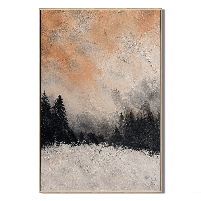 "Amber Solitude" – Textured Winter Pine Forest Peach Impasto Oil Painting