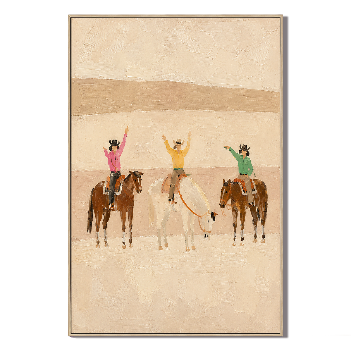 "Desert Adventure" – Modern Warm Neutral Impasto Cowgirls Trio Painting