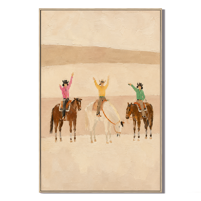 "Desert Adventure" – Modern Warm Neutral Impasto Cowgirls Trio Painting