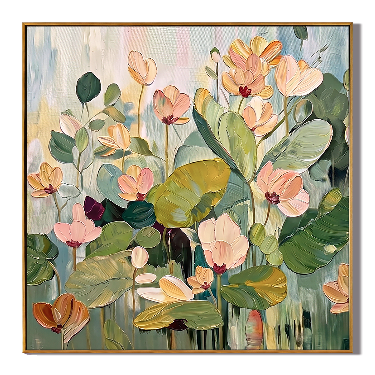 “Blooming Stillness” – Soft Green Lotus Floral Hand-Painted Canvas Art