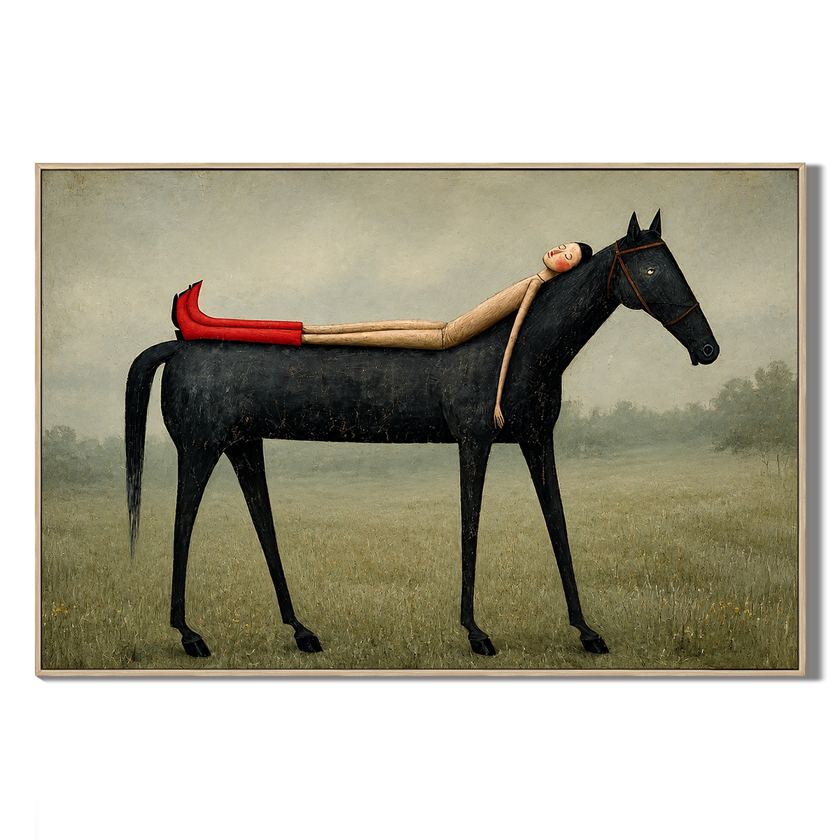 "The Long Nap" – Folk-Surrealist Muted Field Painting with Red Boots