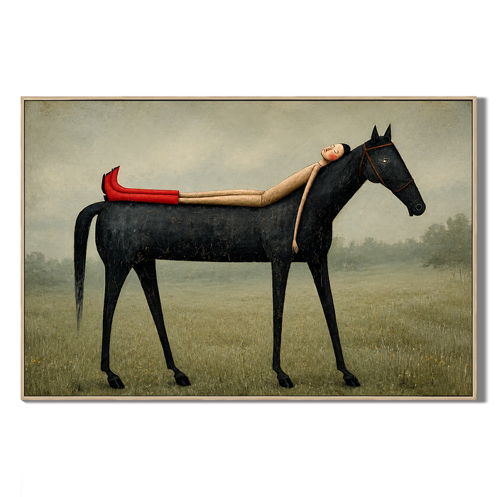 "The Long Nap" – Folk-Surrealist Muted Field Painting with Red Boots
