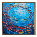 "Circling Abundance" – Blue Fish School Textured Oil Painting