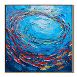"Circling Abundance" – Blue Fish School Textured Oil Painting