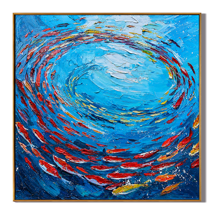"Circling Abundance" – Blue Fish School Textured Oil Painting