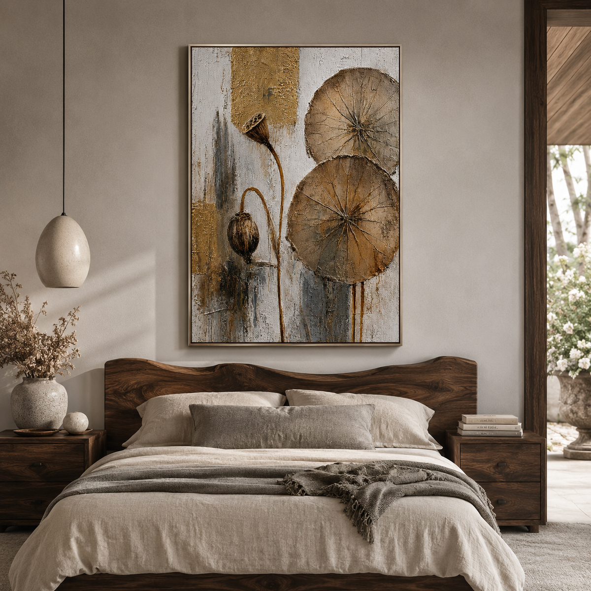 "Lotus Remains" – Zen Gold Lotus Textured Abstract Painting