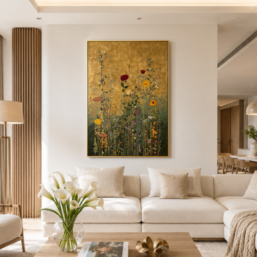 "Golden Flower Cluster" – Art Nouveau Klimt-Style Floral Gold Foil Painting