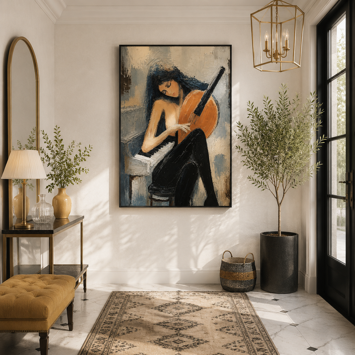 "Lyrical Solitude" – Figurative Musician Slate Blue Impasto Oil Painting