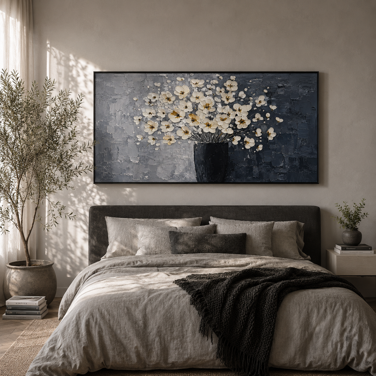 "Whispers of Petals" - Contemporary Gray and White Floral Impasto Oil Painting