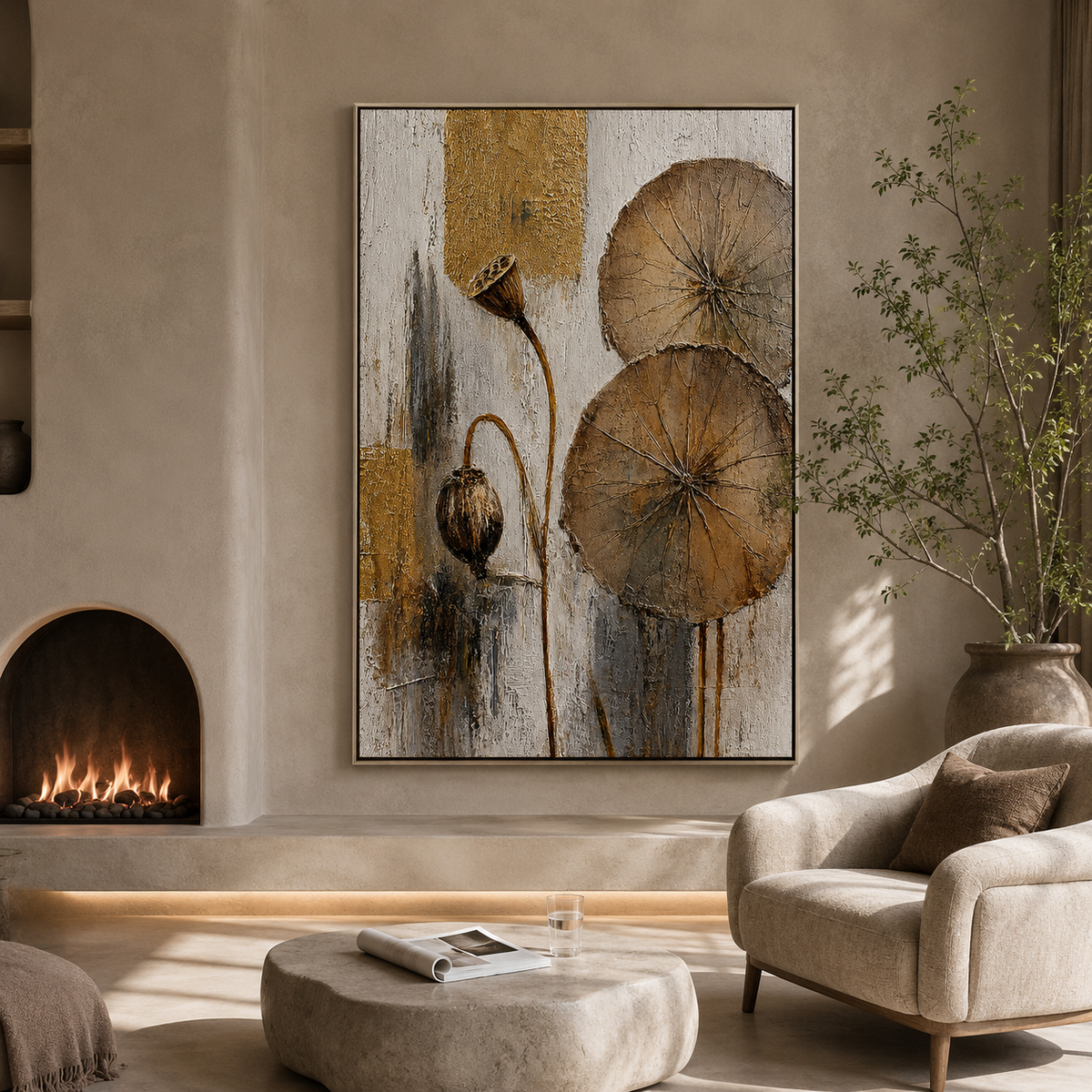 "Lotus Remains" – Zen Gold Lotus Textured Abstract Painting