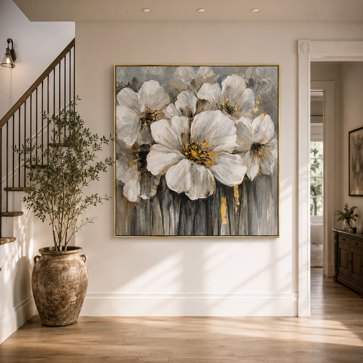 "Petals of Radiance" – Modern Textured White and Gold Floral Impasto Oil Painting