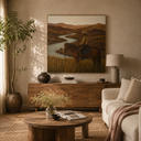 "Echo of the West" – Lone Cowboy on Horseback River Valley Impasto Art