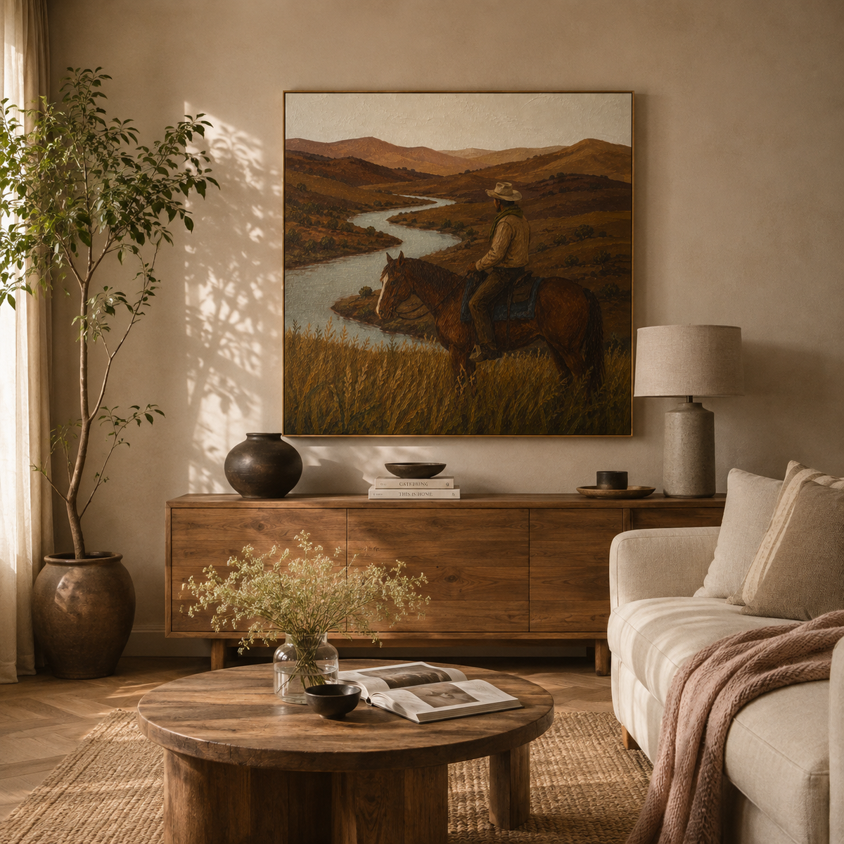 "Echo of the West" – Lone Cowboy on Horseback River Valley Impasto Art