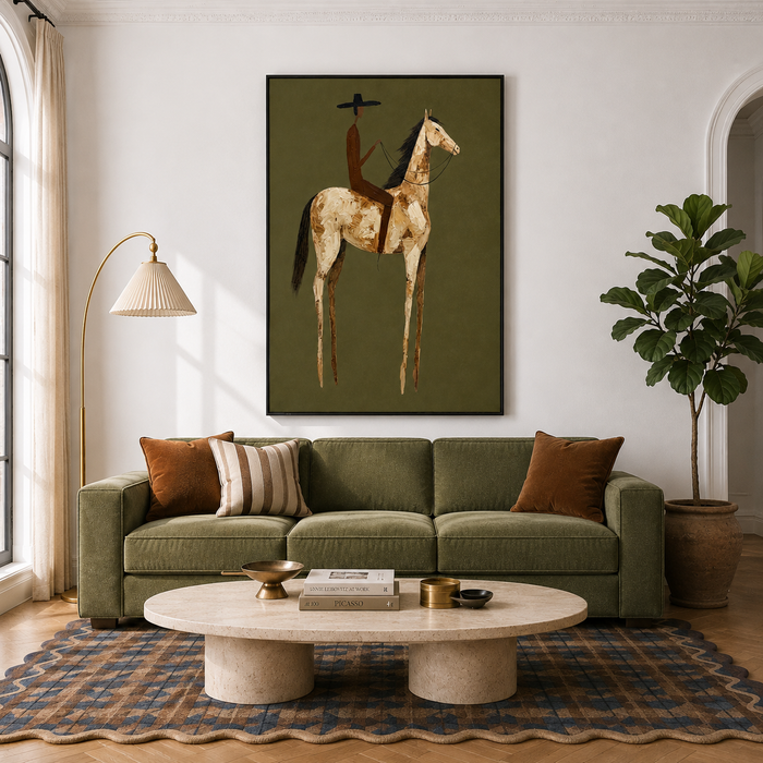 "Desert Solitude" – Elongated Western Rider Textured Olive Canvas Art