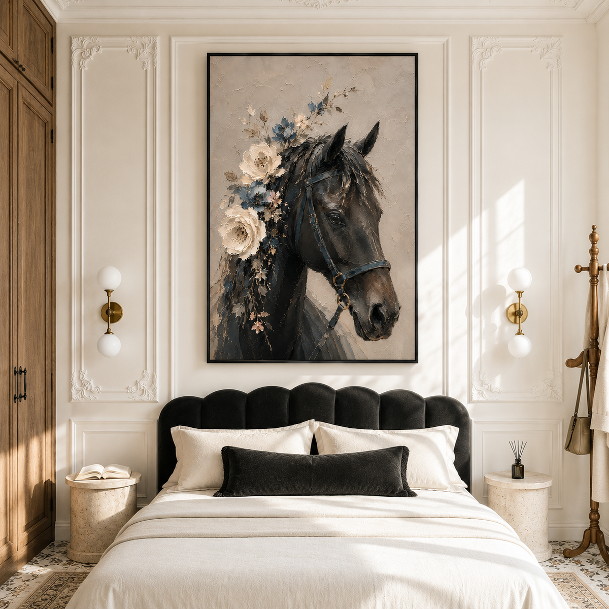 "Eternal Tenderness" – Textural High-Relief Black Horse with Peony Wreath
