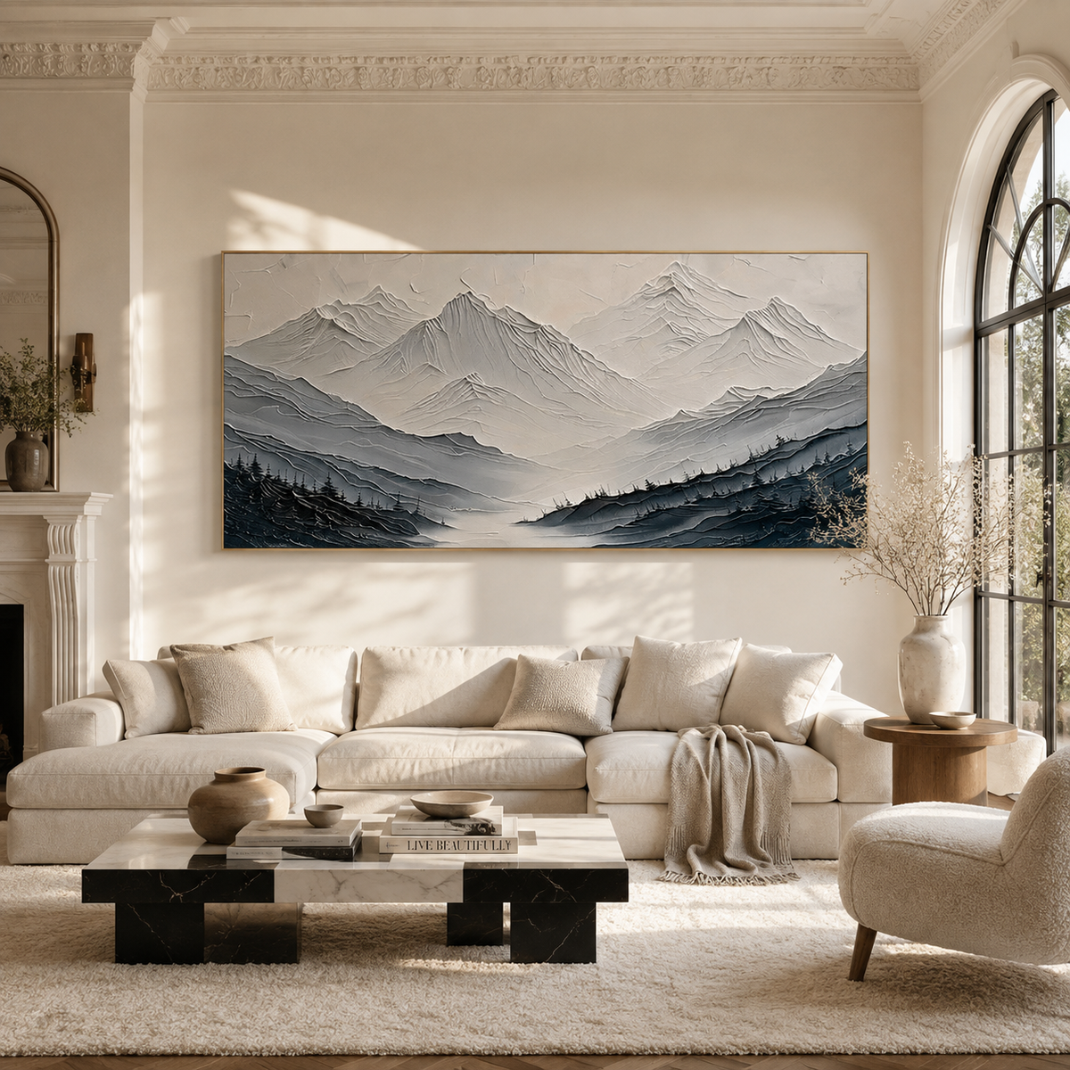 "Ascension to Serenity" – Modern White and Grey Textured Mountain Impasto Painting