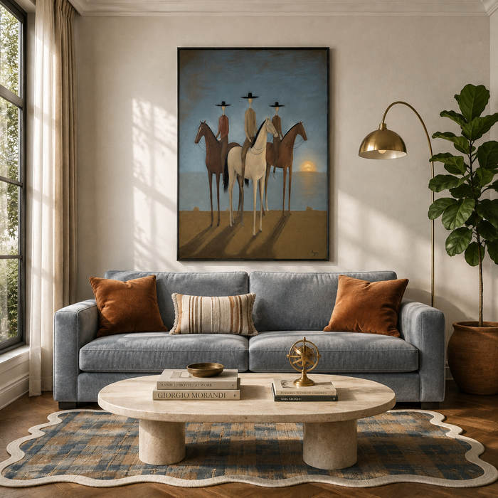 "Twilight Sentinels" – Naïve-Surrealist Three Horsemen Ocean Oil Painting