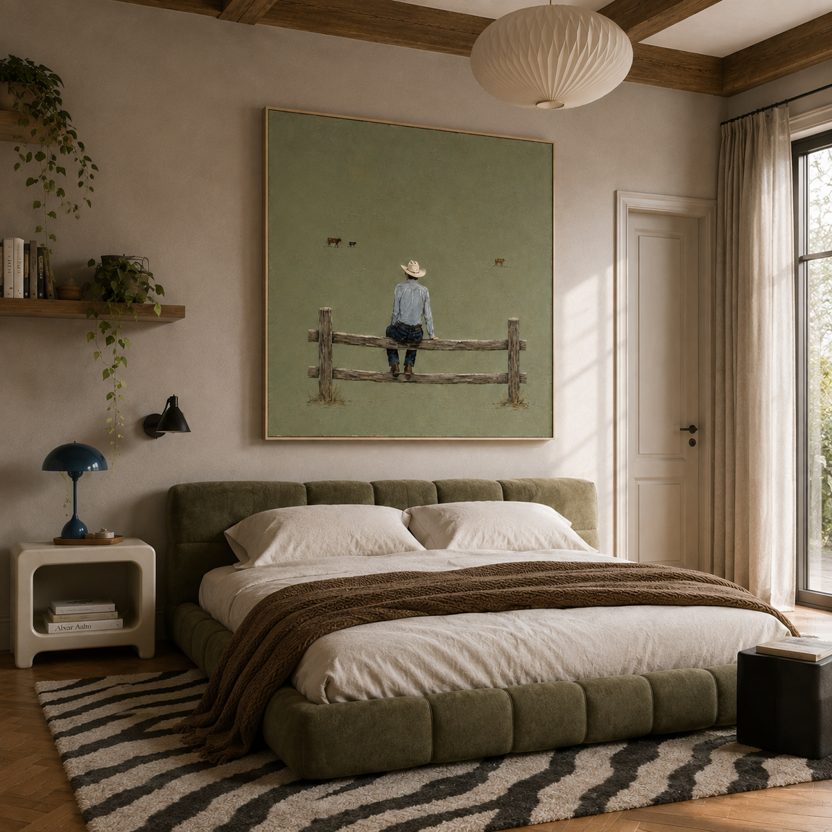 "The Quiet Hours" – Minimalist Sage Green Cowboy Impasto Painting