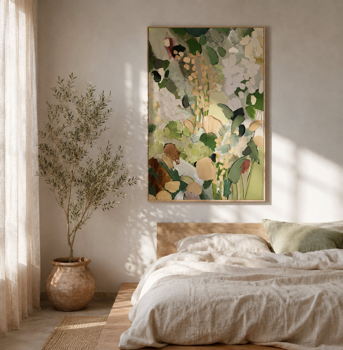 "Morning Reverie" – Textured Sage Green & Blush Botanical Abstract Oil Painting