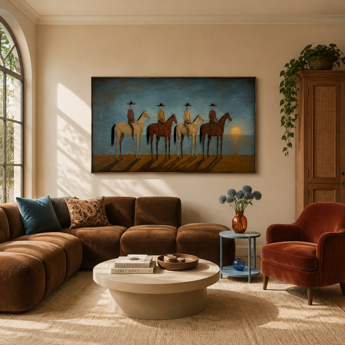"Mysterious Night Traveling Team" – Naïve-Surrealist Four Horsemen Atmospheric Painting