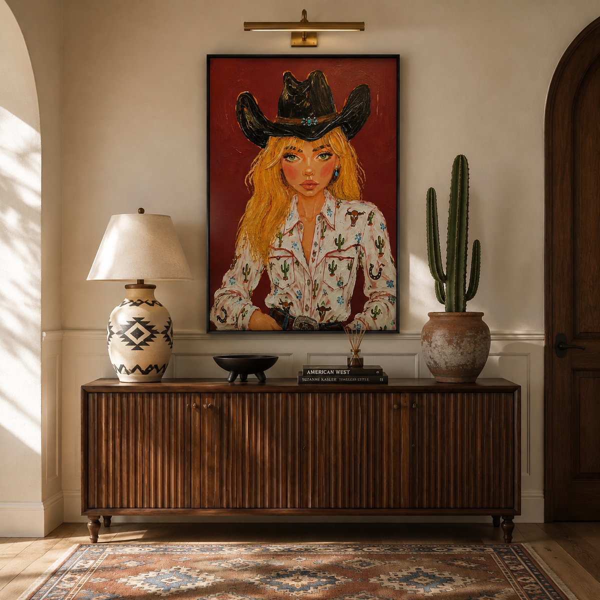 "Desert Siren" – Modern Western Cowgirl Crimson Impasto Oil Painting