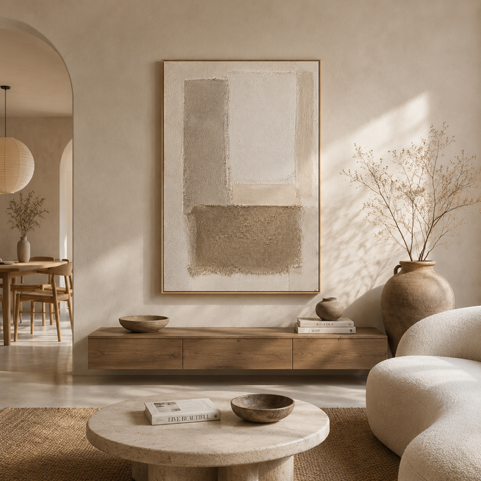 "Tranquil Foundations" – Wabi-Sabi Earth Tone Geometric Relief Painting