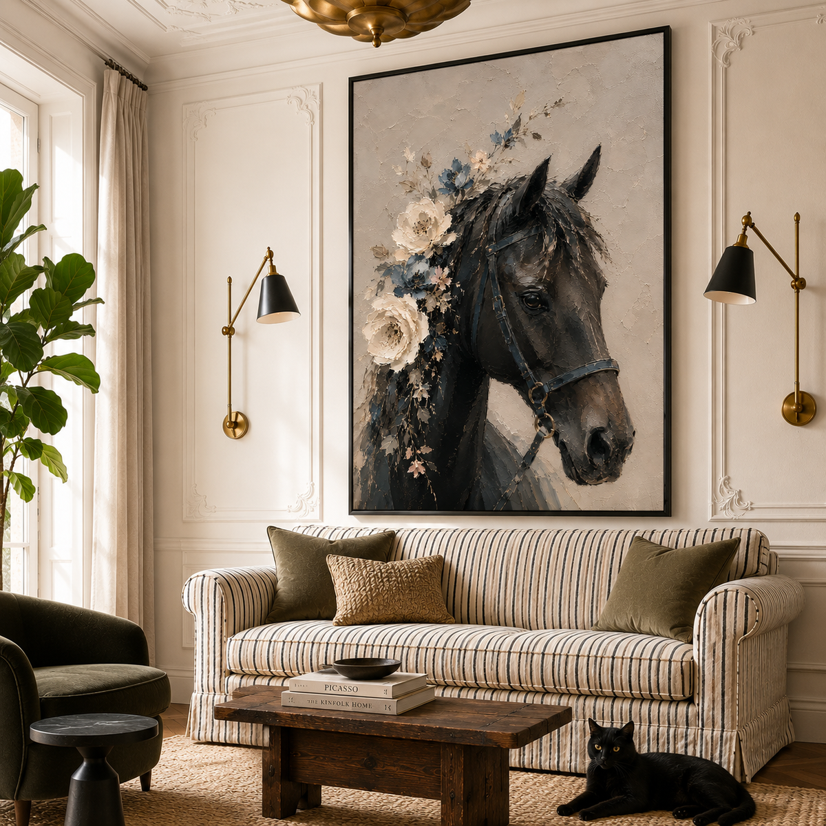 "Eternal Tenderness" – Textural High-Relief Black Horse with Peony Wreath