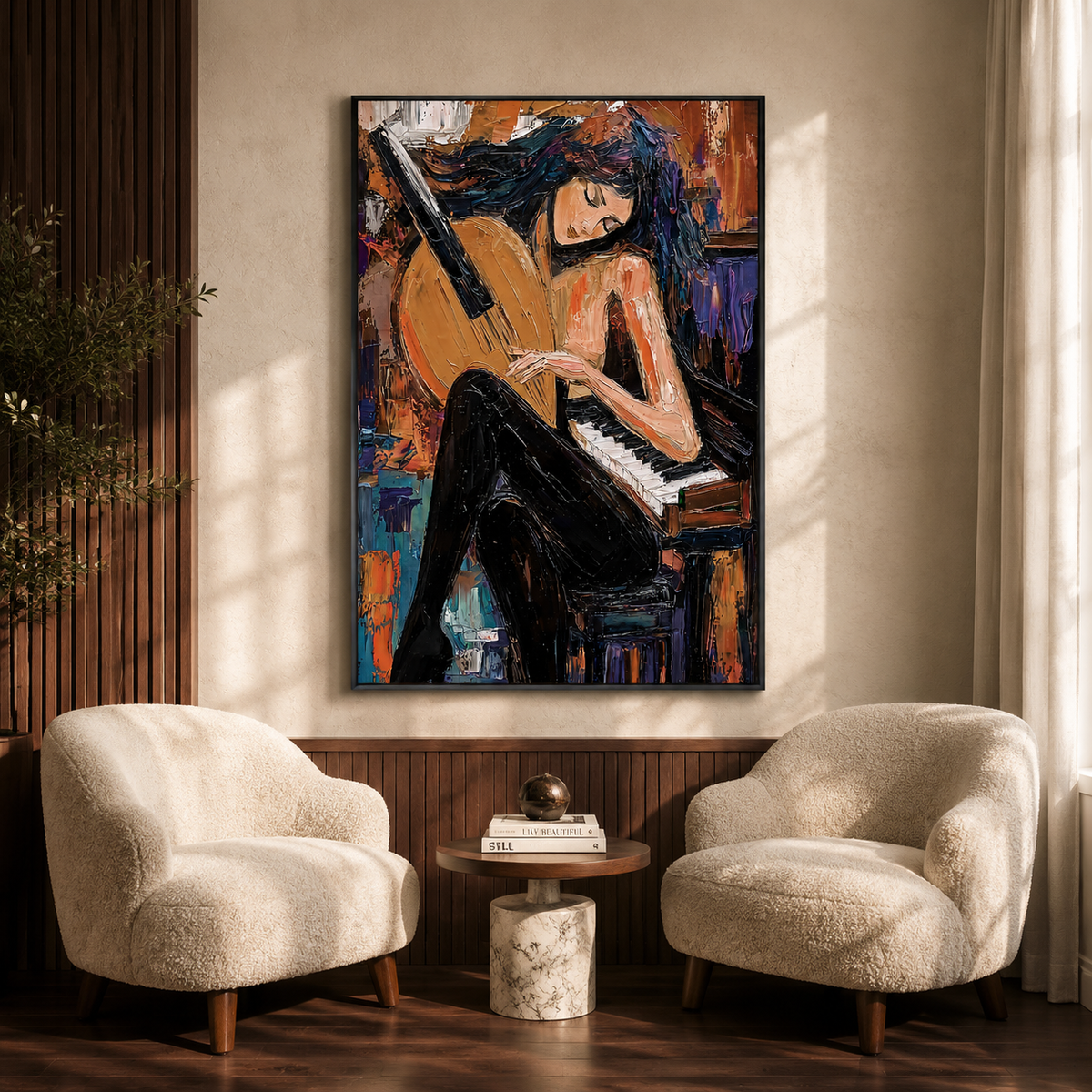 "Midnight Sonata" – Modern Figurative Musician Amber Impasto Oil Painting