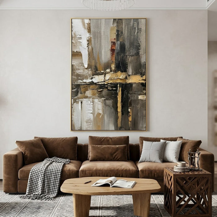 "Urban Relic" – Industrial Black Gold Textured Abstract Painting