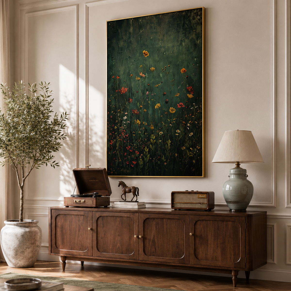 "Midnight Meadow" – Moody Dark Green Botanical Wildflower Oil Painting