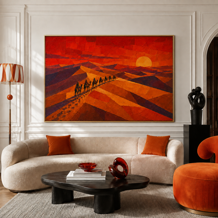 "Crimson Dunes" – Geometric Desert Sunset Textured Oil Painting