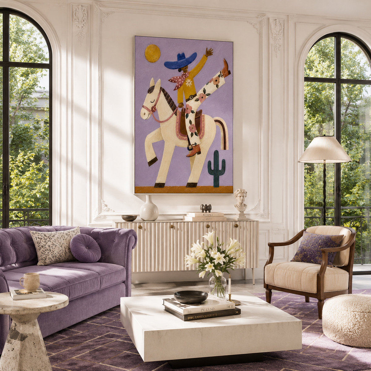 "Sunlit Acrobatic" – Whimsical Lavender Folk Art Cowgirl Impasto Painting