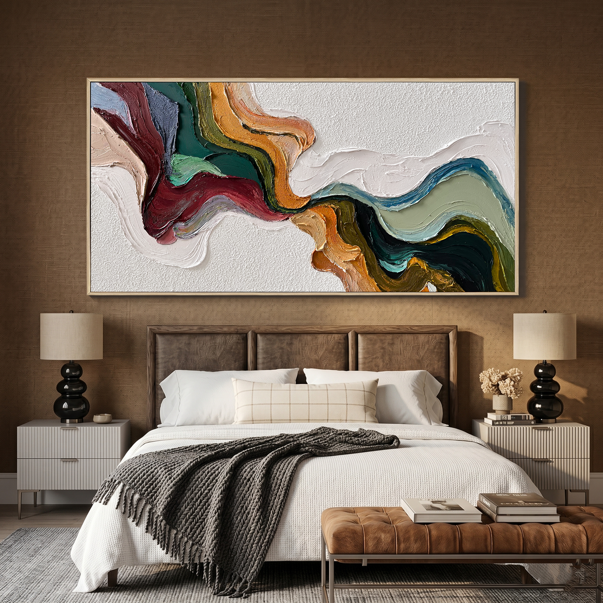 “Earthen Current” – Textured Abstract Impasto Painting in Olive Green and Ochre