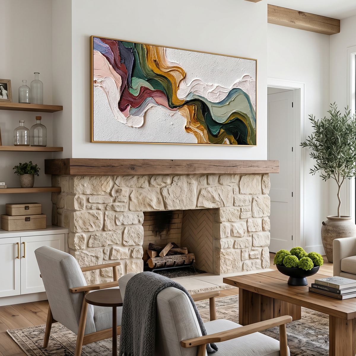 “Earthen Current” – Textured Abstract Impasto Painting in Olive Green and Ochre