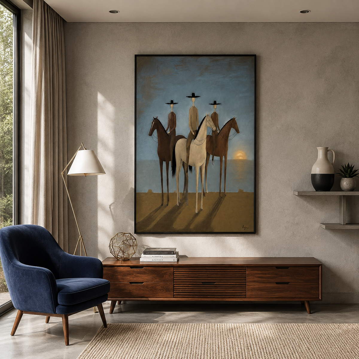 "Twilight Sentinels" – Naïve-Surrealist Three Horsemen Ocean Oil Painting