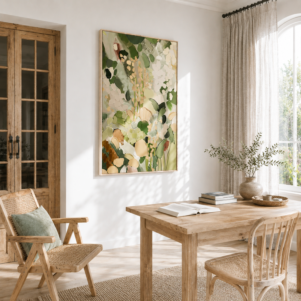 "Morning Reverie" – Textured Sage Green & Blush Botanical Abstract Oil Painting