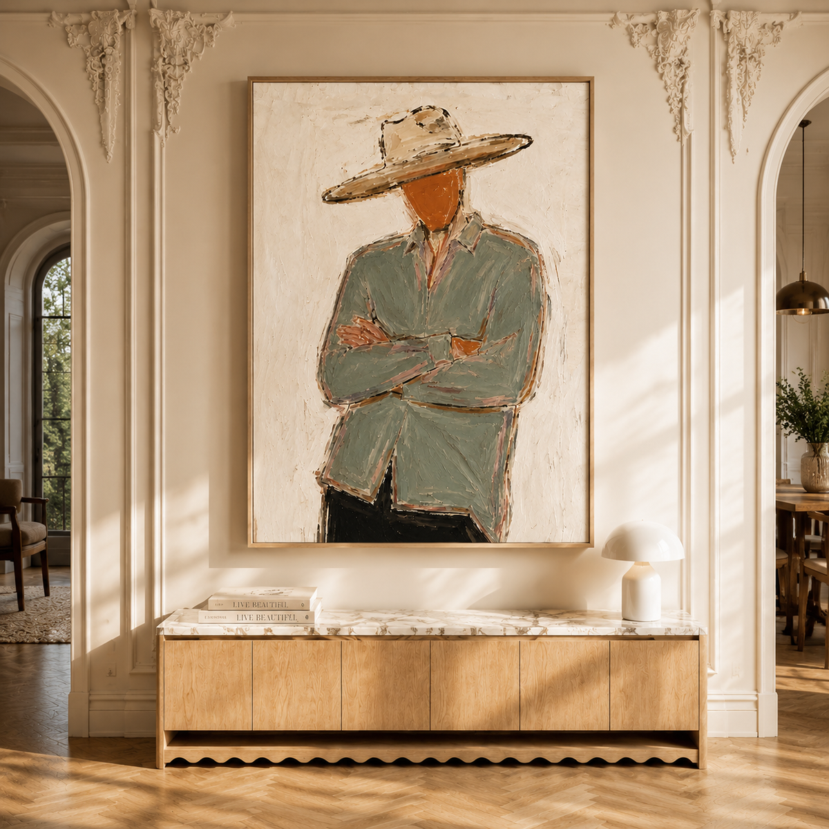 "Silent Stance" – Minimalist Western Figure Sage Green Impasto Oil Painting